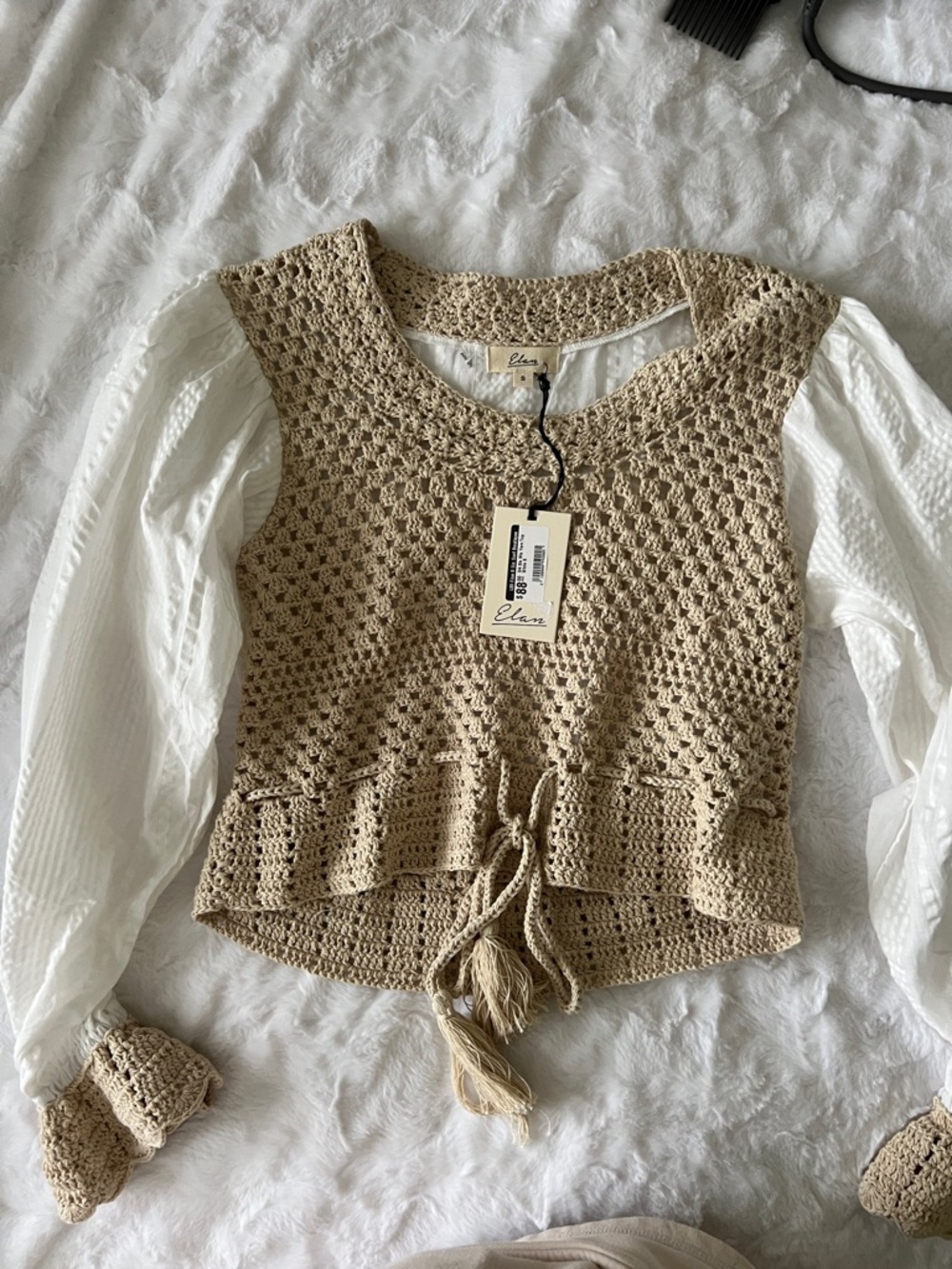 Elan Cream Crochet Peplum Tank with White Puff Sleeves